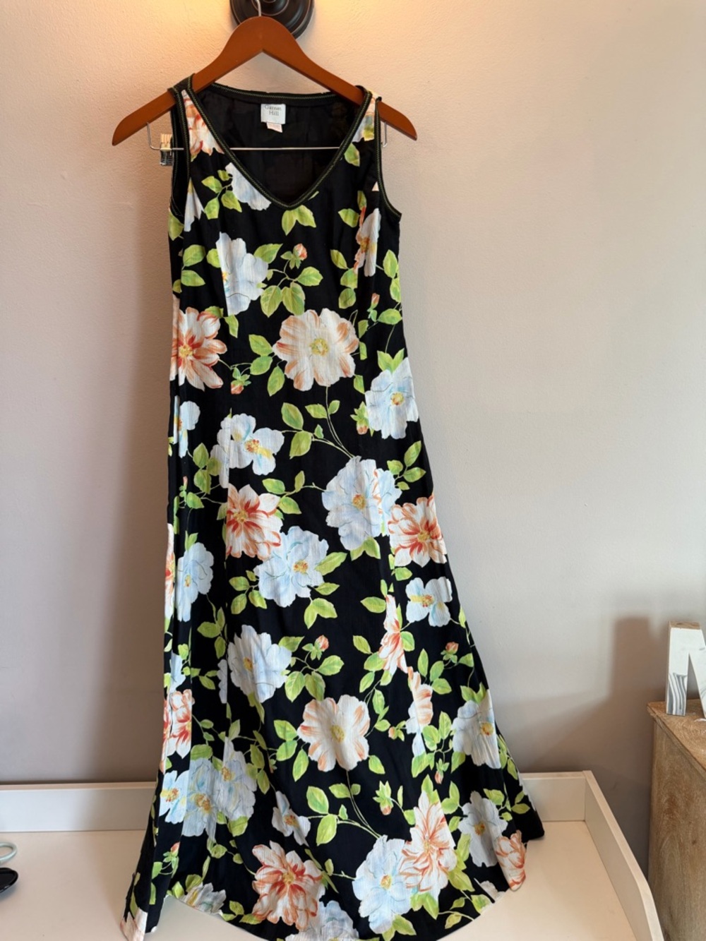 Garnet Hill Black Floral Maxi Dress with White and Peach Flowers